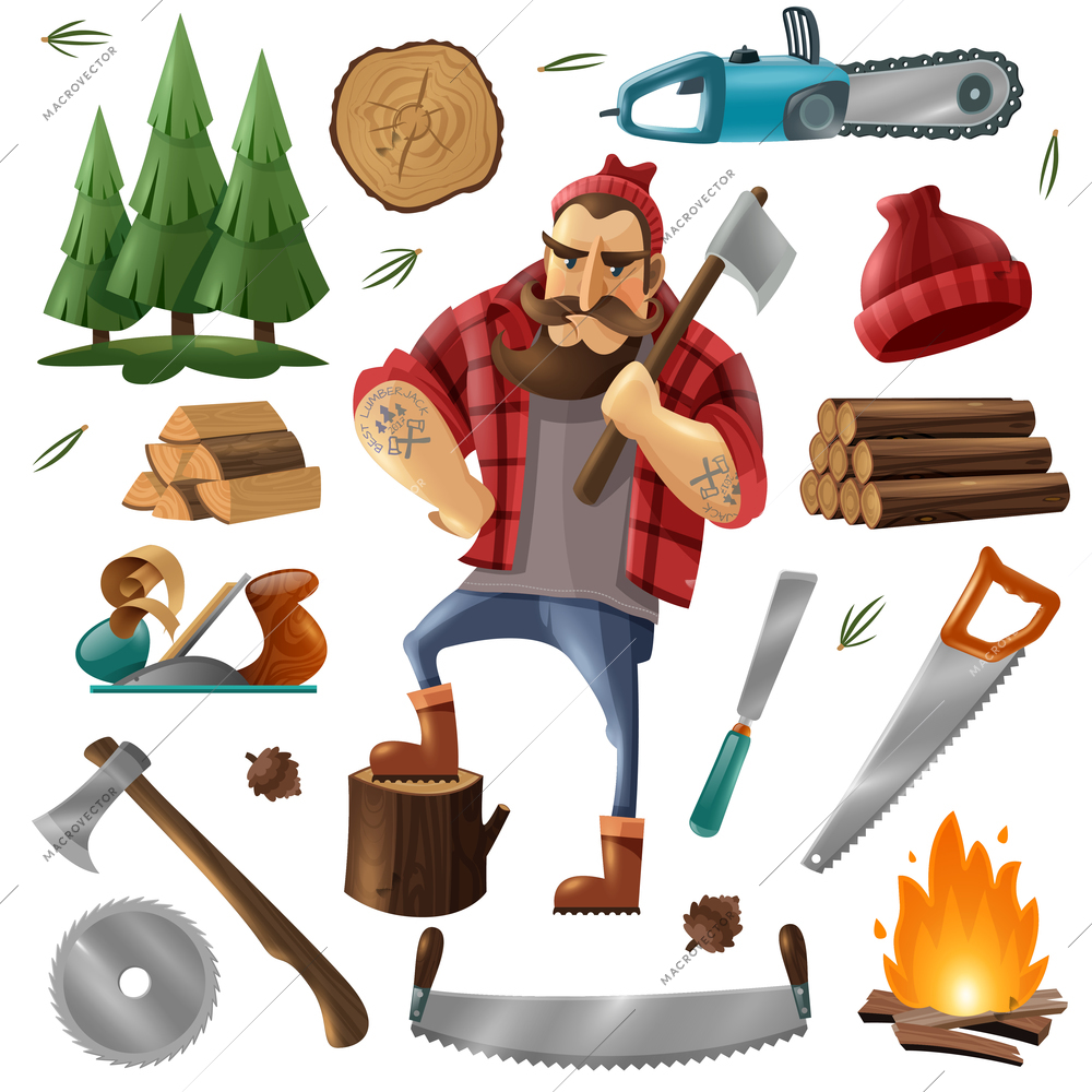Colored deforestation and lumberjack icon set with tools and equipment for deforestation vector illustration
