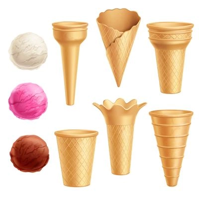 Realistic colored and isolated ice cream icon set with cones scoops and three flavors of ice cream vector illustration