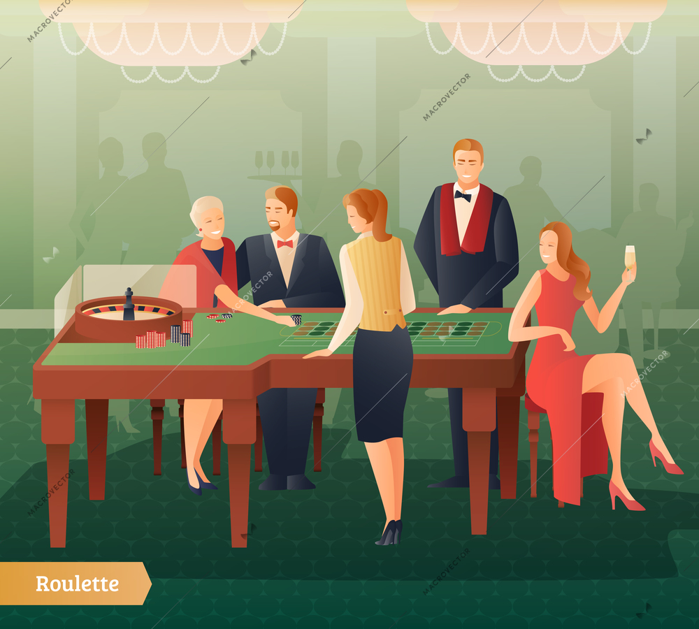 Casino and roulette with men women and croupier flat gradient vector illustration