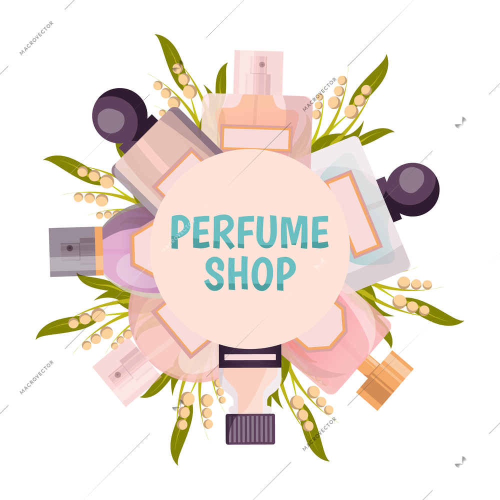 Perfume shop round frame background in pastel tones with flacons and lily of valley vector illustration