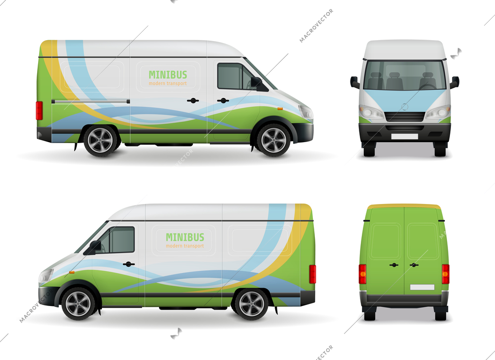 Realistic cargo van advertising template design mockup side view, front and rear on white background vector illustration