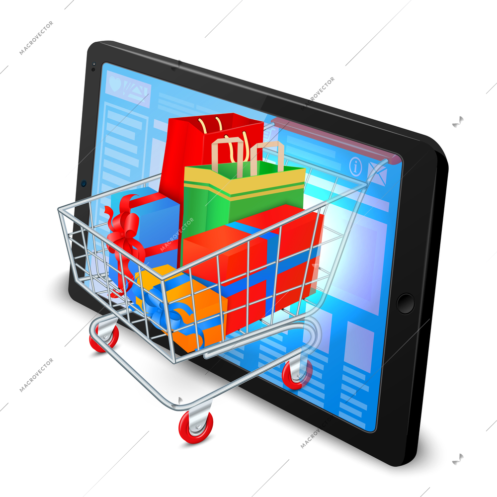 Supermarket cart 3d with gift boxes in tablet computer internet shopping concept vector illustration