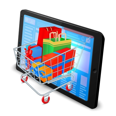 Supermarket cart 3d with gift boxes in tablet computer internet shopping concept vector illustration