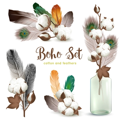 Boho style decorations with ripe cotton plant bolls colorful feathers glass bottle realistic compositions collection vector illustration