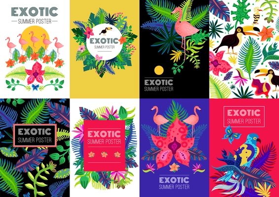 Exotic tropical summer vacation 8 advertisement colorful background banners collection with palm leaves flamingo birds isolated vector illustration