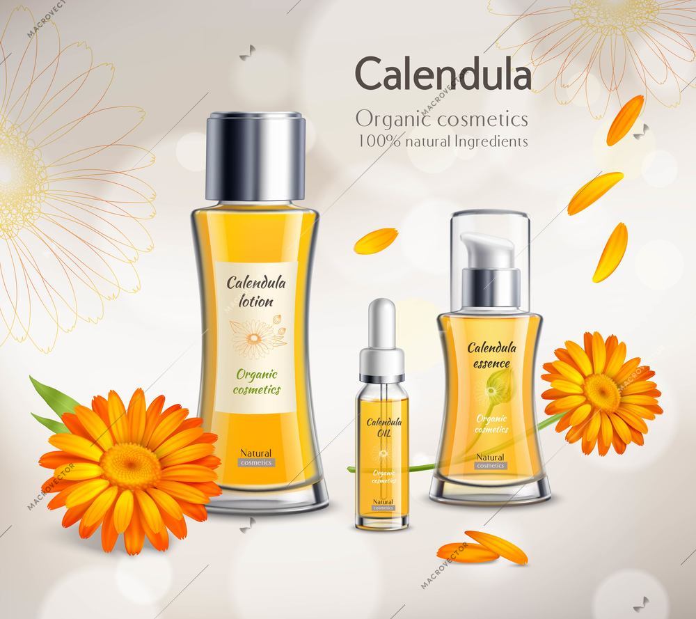 Organic cosmetics skincare products realistic advertisement poster with calendula extract essence lotion and oil background vector illustration