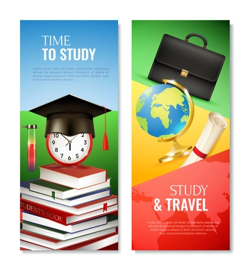 School vertical banners including graduation hat, alarm clock and books, briefcase, scroll and globe isolated vector illustration