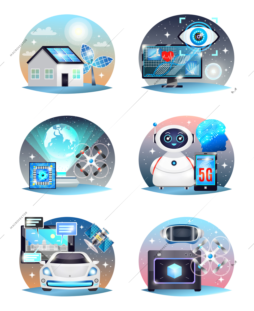 Technologies of future compositions set with digital medicine, 3d printer, electric car, hologram projector isolated vector illustration