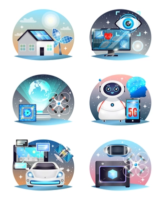 Technologies of future compositions set with digital medicine, 3d printer, electric car, hologram projector isolated vector illustration