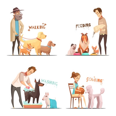 Dog concept icons set with walking and washing symbols cartoon isolated vector illustration