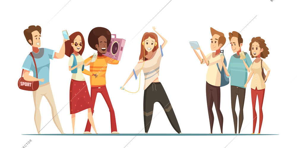 People and music design with dancing girl, man with audio player, spectators with mobile devices vector illustration