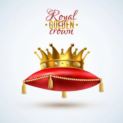 Gold royal crown with gemstones on ceremonial red pillow with tassels realistic single object image vector illustration