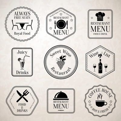 Restaurant menu food and drinks wine list black labels set with serving elements isolated vector illustration