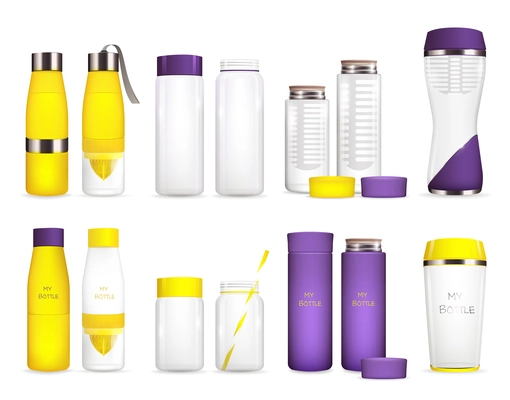 Detox water bottle set of isolated leakproof vessels for drinks with lids plastic tube and lanyard vector illustration