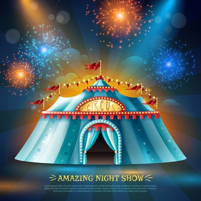 Travel circus tent at night in colorful light beams and firework dark blue background poster vector illustration