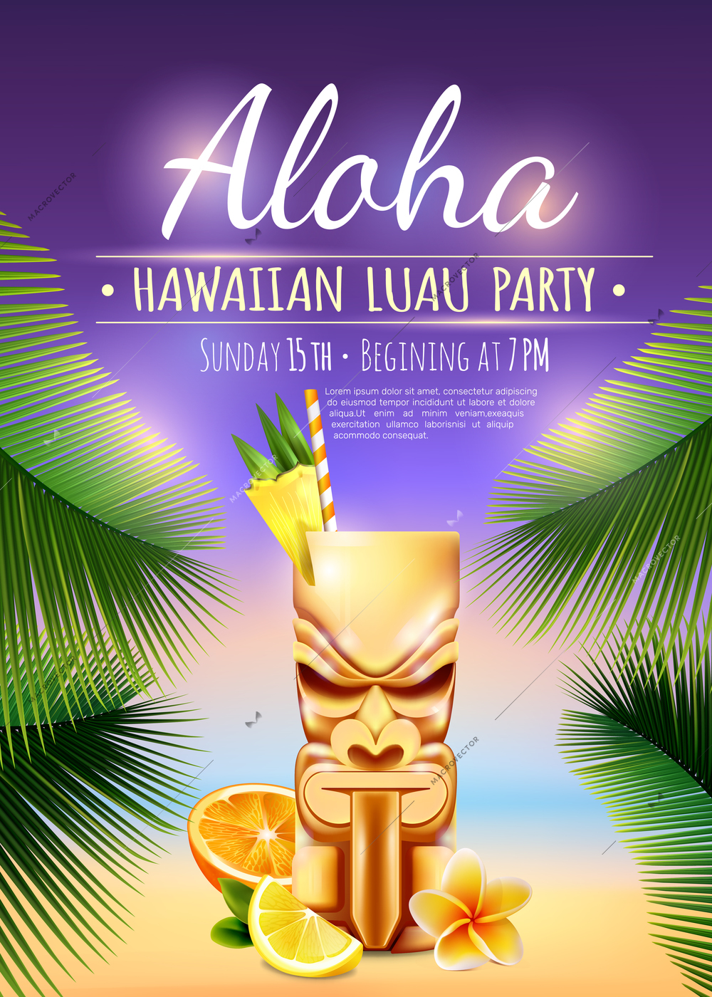 Hawaiian luau party poster with tiki mug, citrus fruits, flower, palm branches on blurred background vector illustration