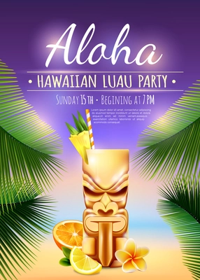 Hawaiian luau party poster with tiki mug, citrus fruits, flower, palm branches on blurred background vector illustration