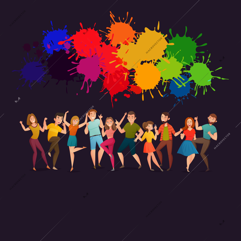 Dancing young people dark blue background festive retro style poster with colorful firework spots above vector illustration