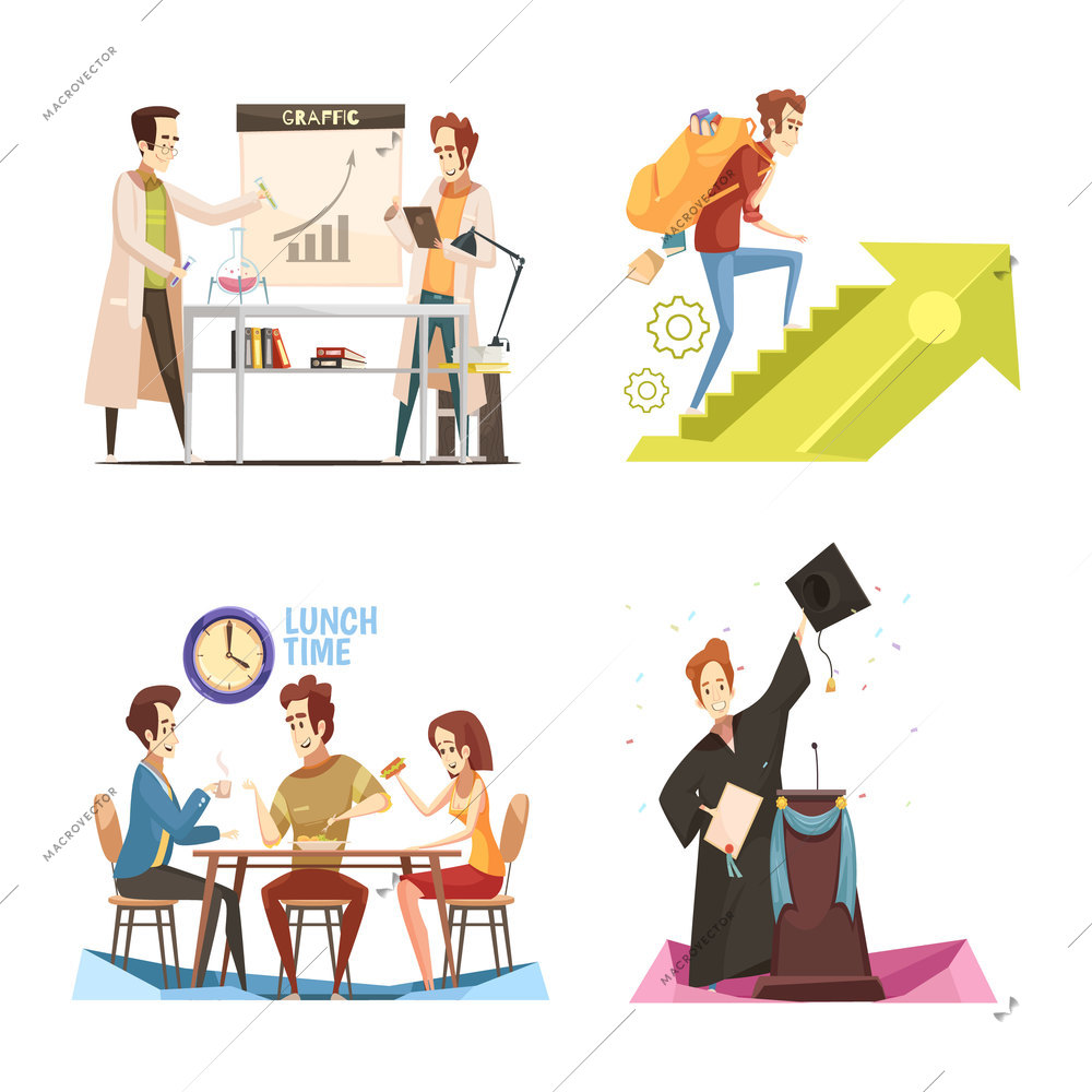 Students retro cartoon design concept  with chemical experiment, acquisition of knowledge, lunch time, graduate isolated vector illustration