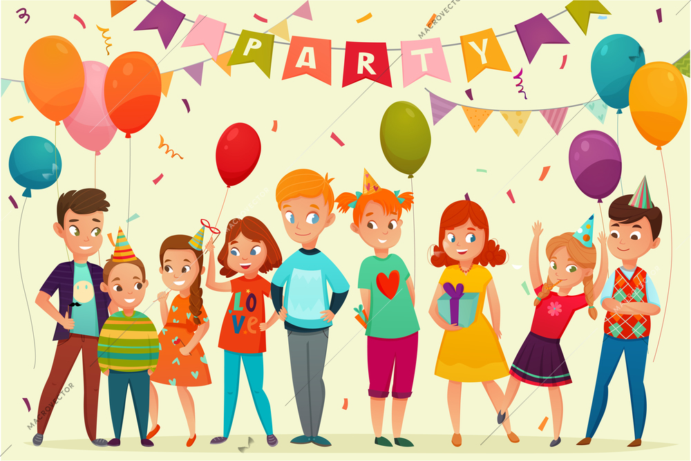 Colored cartoon kids party composition with birthday party team garlands and gifts vector illustration