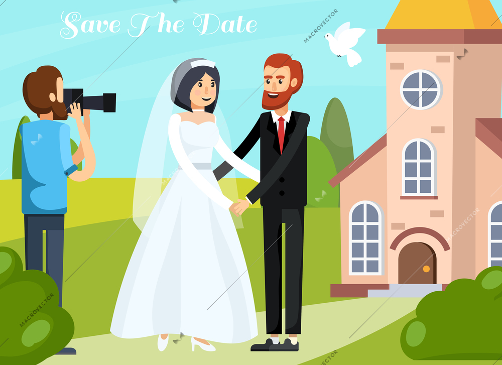 Colored flat wedding people orthogonal composition with love couple and photographer with save the date description vector illustration