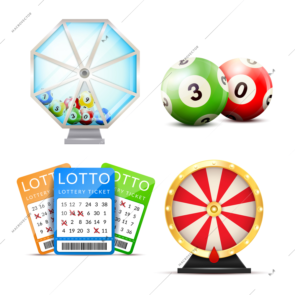 Lottery set with isolated images of number balls lucky dip lottery machine and playslip tickets vector illustration