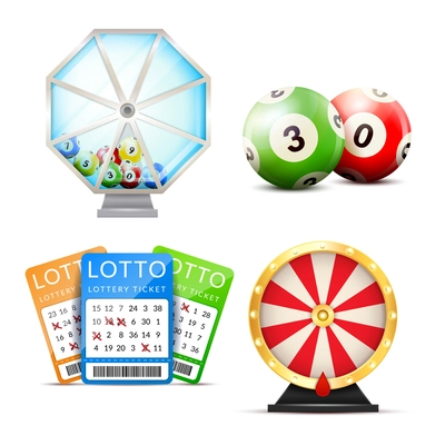 Lottery set with isolated images of number balls lucky dip lottery machine and playslip tickets vector illustration