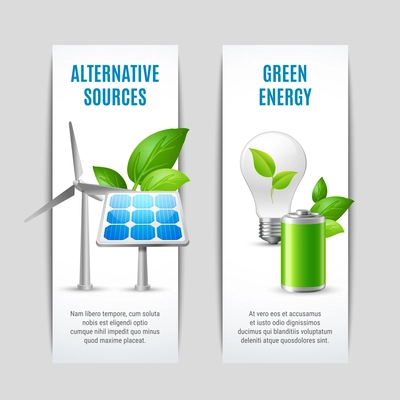 Alternative sources and green energy vertical paper banners with solar panels wind turbines eco bulb with plant signs realistic vector illustration