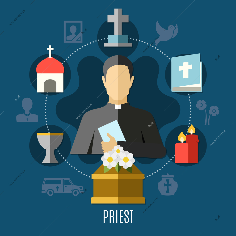 Priest concept set with funeral church and cemetery flat vector illustration