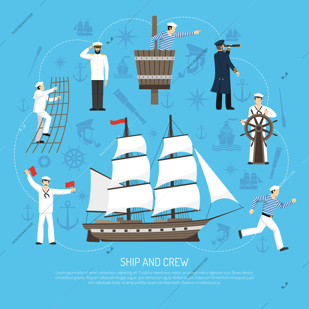 Old-fashioned multi masted sailing ship icons composition poster with sailor at helm wheel blue background vector illustration