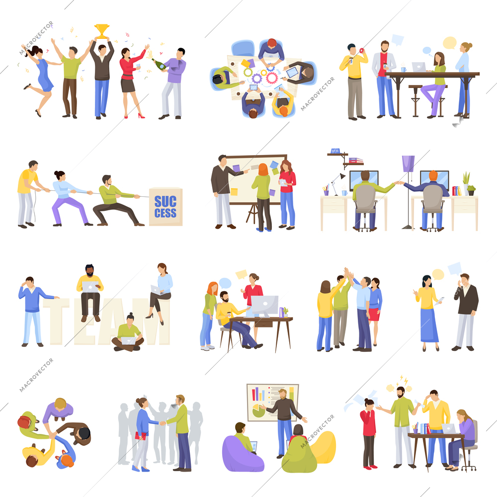 Teamwork meeting icons set with office people flat isolated vector illustration