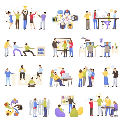 Teamwork meeting icons set with office people flat isolated vector illustration