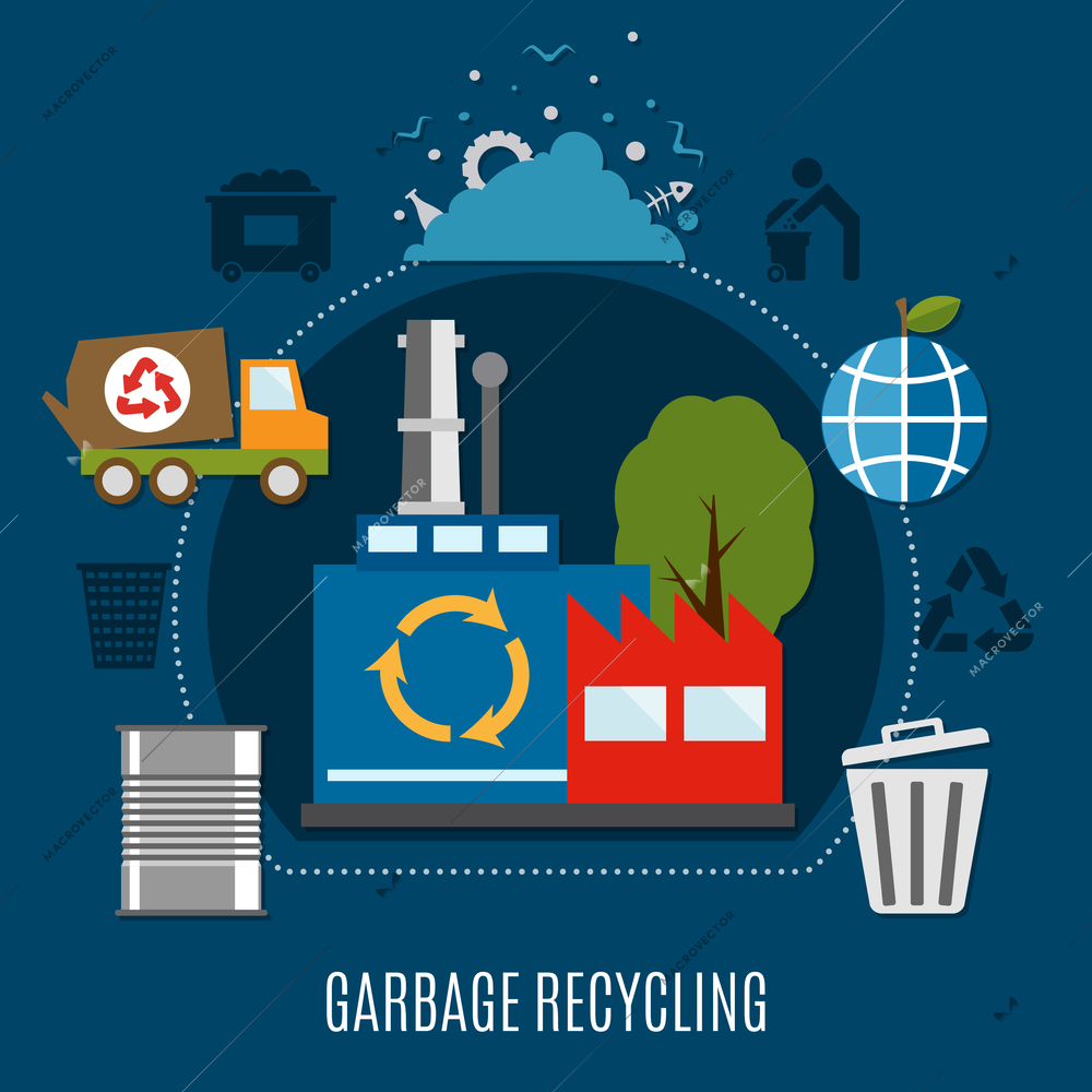 Garbage recycling plant composition with waste deposit metal drum trash bin sanitation car and refuse collection pictograms vector illustration