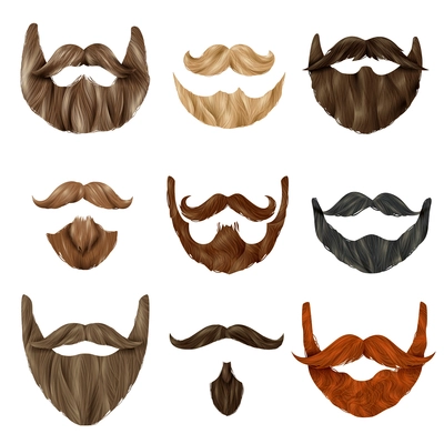 Set of realistic beards and mustache of various shape and color on white background isolated vector illustration