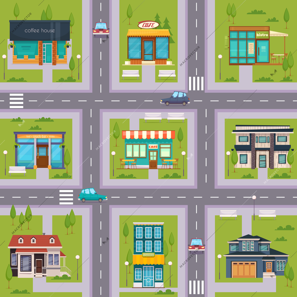 Suburb streets regular rectangular square seamless map pattern with cafe bistro restaurants house blocks flat vector illustration