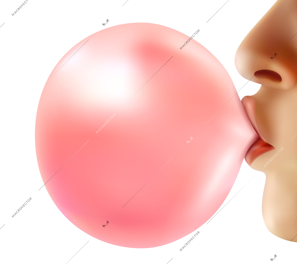 Female lips holding shiny pink bubble from chewing gum 3d design on white background realistic vector illustration