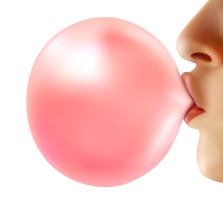 Female lips holding shiny pink bubble from chewing gum 3d design on white background realistic vector illustration