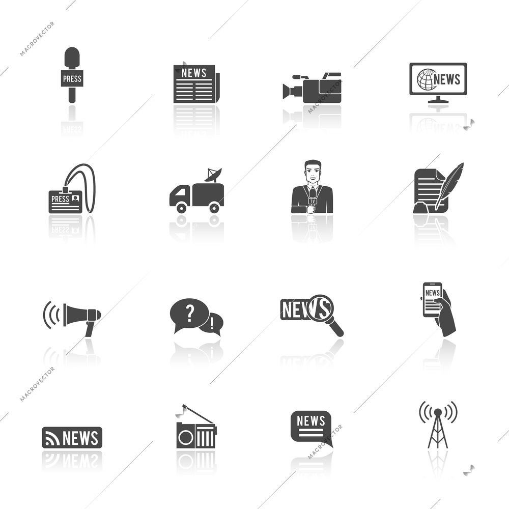 Press news  broadcasting newspaper reporter microphone and computer chat bubble design graphic isolated illustration icons set