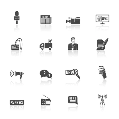 Press news  broadcasting newspaper reporter microphone and computer chat bubble design graphic isolated illustration icons set