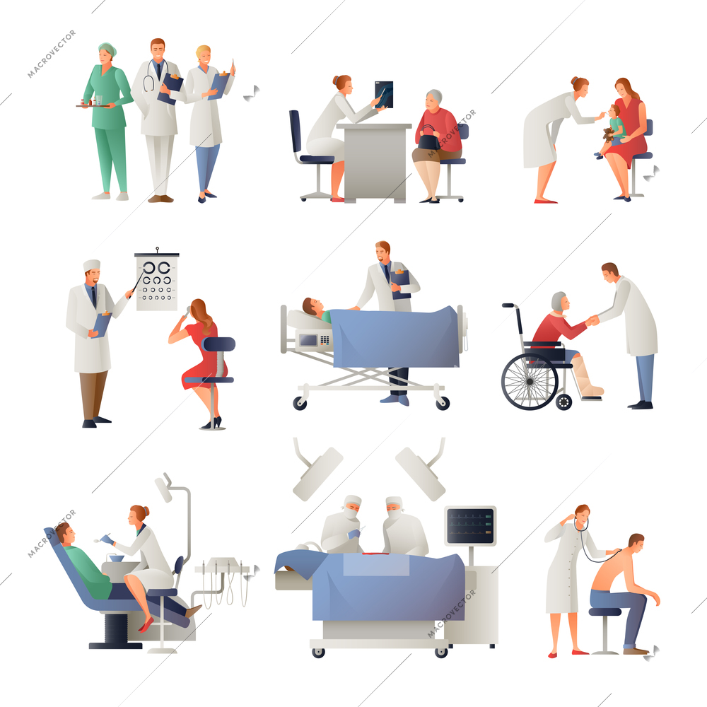 Doctor and patient set of flat icons including dentist, ophthalmologist, therapist, pediatrician, surgeon isolated vector illustration