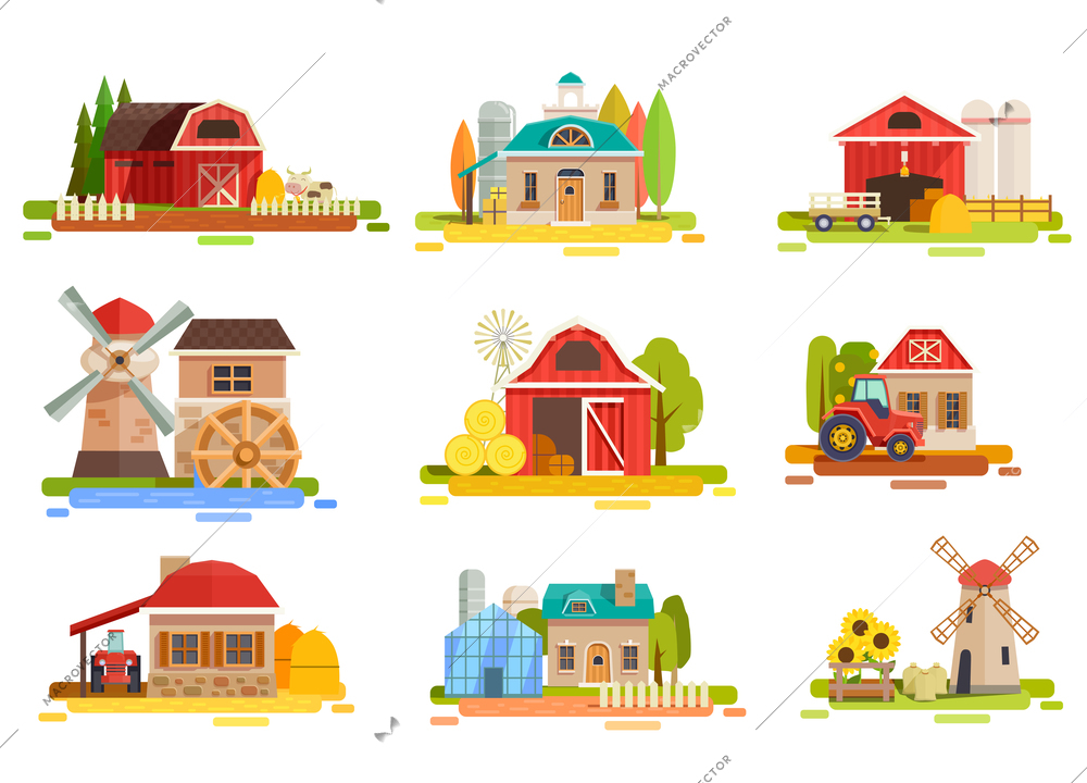 Farm flat collection with doodle style scenery images of mill facilities haymows warehouse and agrimotors vector illustration