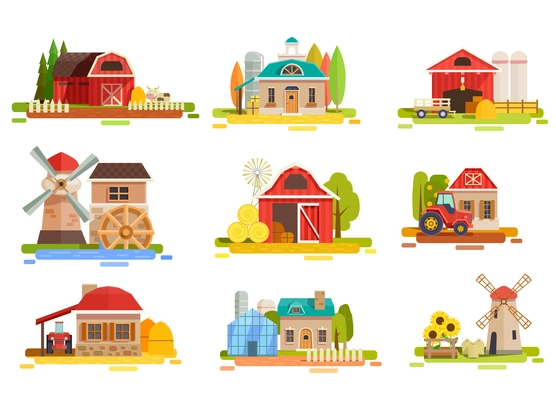 Farm flat collection with doodle style scenery images of mill facilities haymows warehouse and agrimotors vector illustration