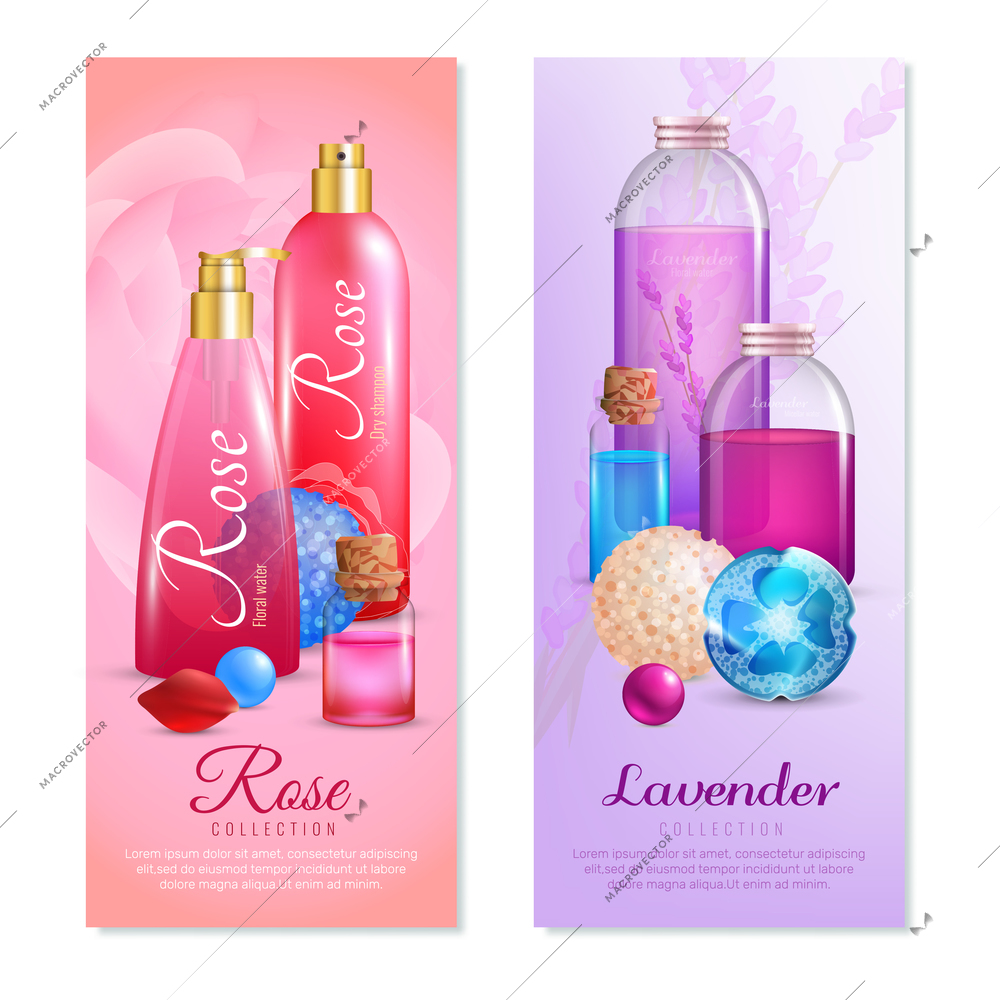 Bath handmade cosmetics vertical banners set with fragrant rose and lavender flavoured beauty products with text vector illustration