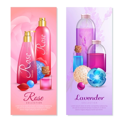 Bath handmade cosmetics vertical banners set with fragrant rose and lavender flavoured beauty products with text vector illustration