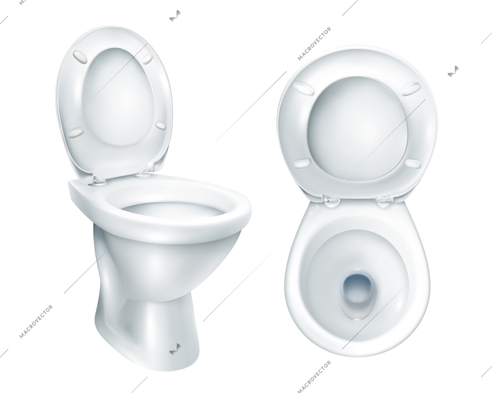 Realistic toilet top view and general mockup with raised plastic seat on white background isolated vector illustration