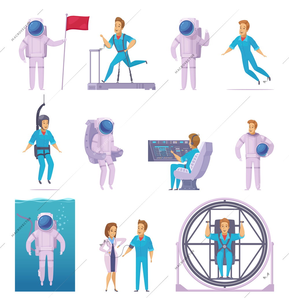 Astronaut space mission cartoon icons set with medical examination training in spacesuit with flag isolated vector illustration