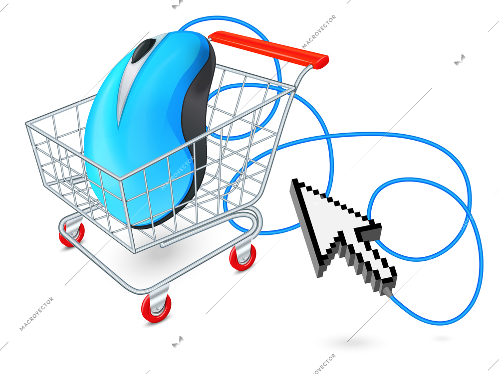 Supermarket cart 3d with computer mouse and click arrow internet shopping concept  vector illustration