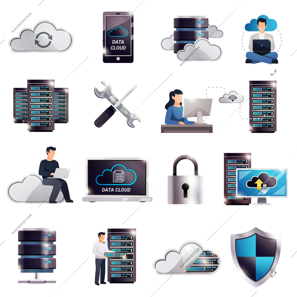 Colored 3d datacenter hosting server cloud icon set with technology and digital elements vector illustration