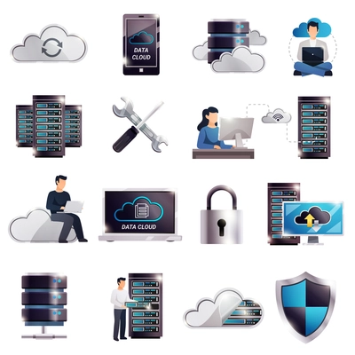 Colored 3d datacenter hosting server cloud icon set with technology and digital elements vector illustration