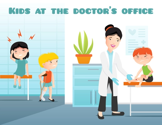 Kids at doctors office cartoon vector illustration with pediatrician and crying sick boy and girl flat vector illustration